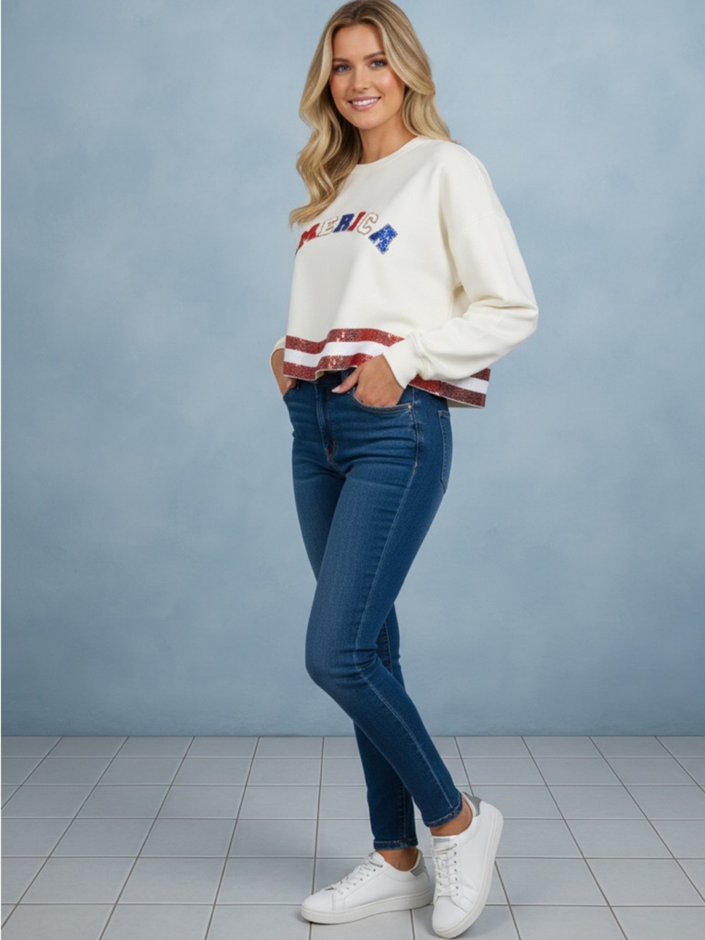 THE AMERICANA CREW LONG SLEEVE SEQUIN CROP PULLOVER SWEATER
White - Picture 7 of 10